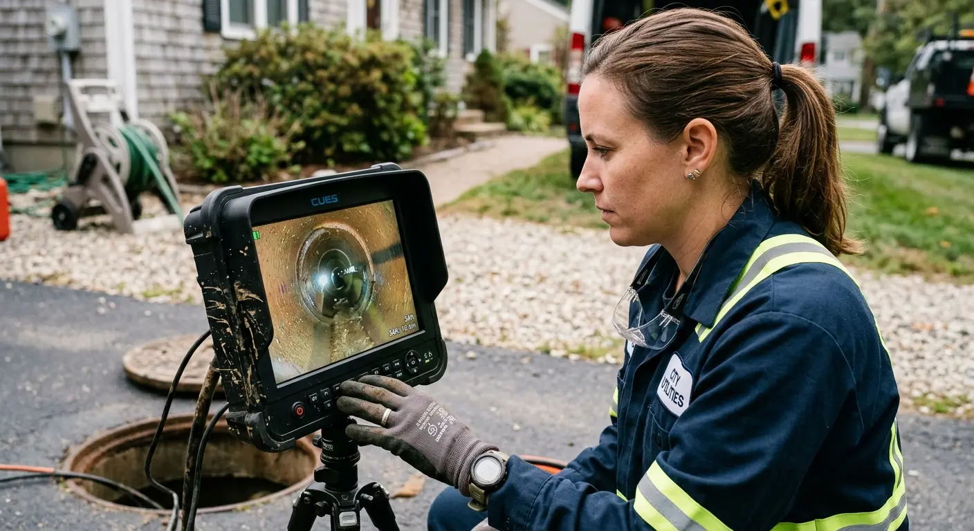 Technician reviewing sewer camera inspection footage in Norco