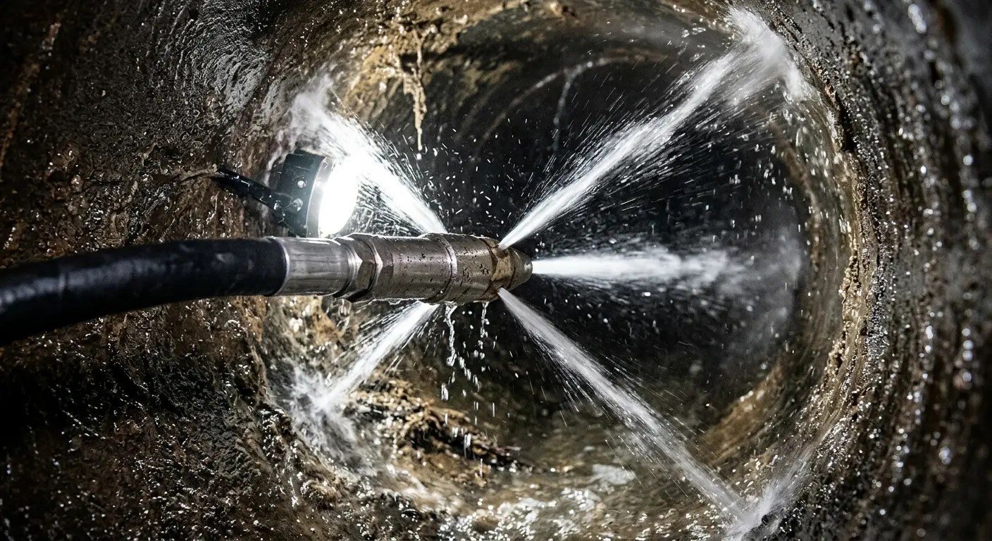 High-pressure hydro jetting nozzle cleaning sewer pipe for Sewer Cleanout in Norco