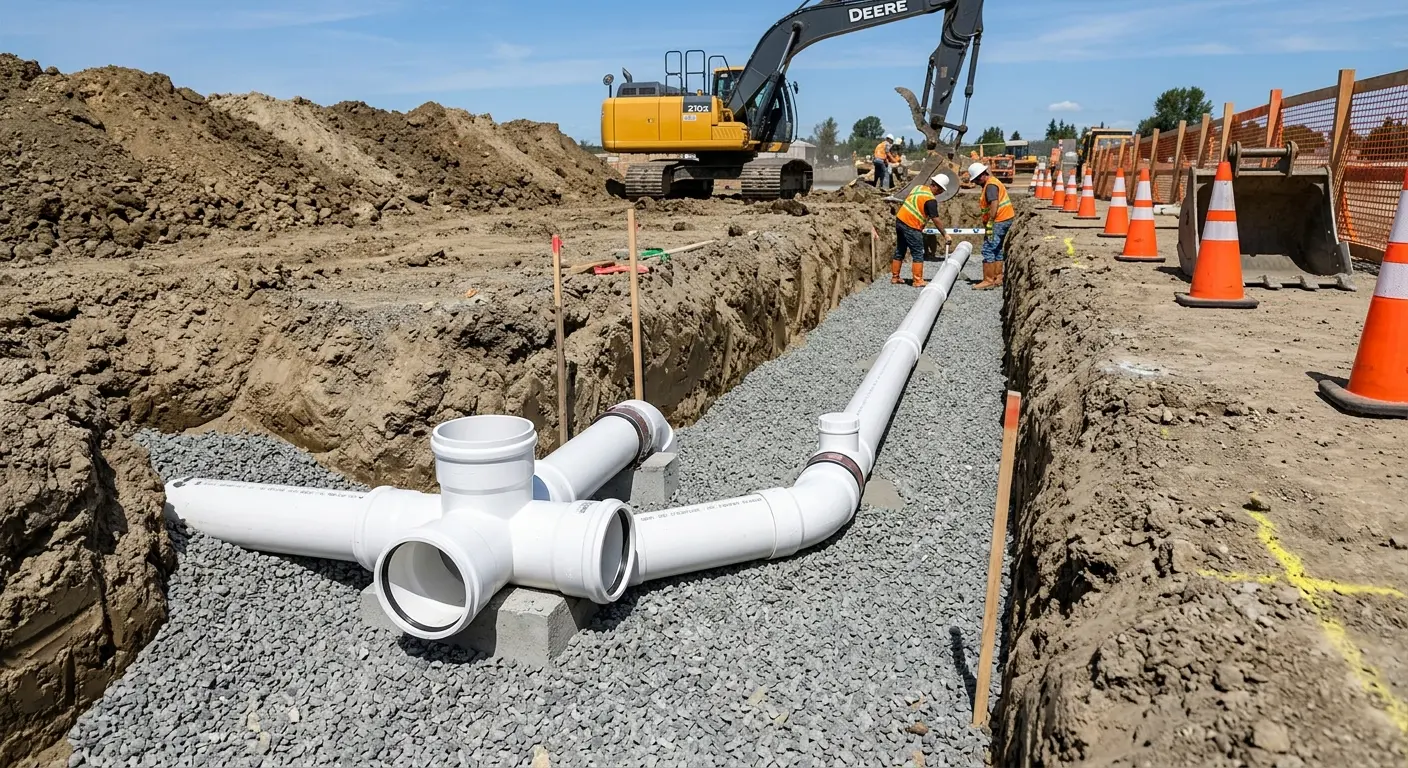New PVC sewer pipe installation in open trench for Grease Trap Cleaning in Norco