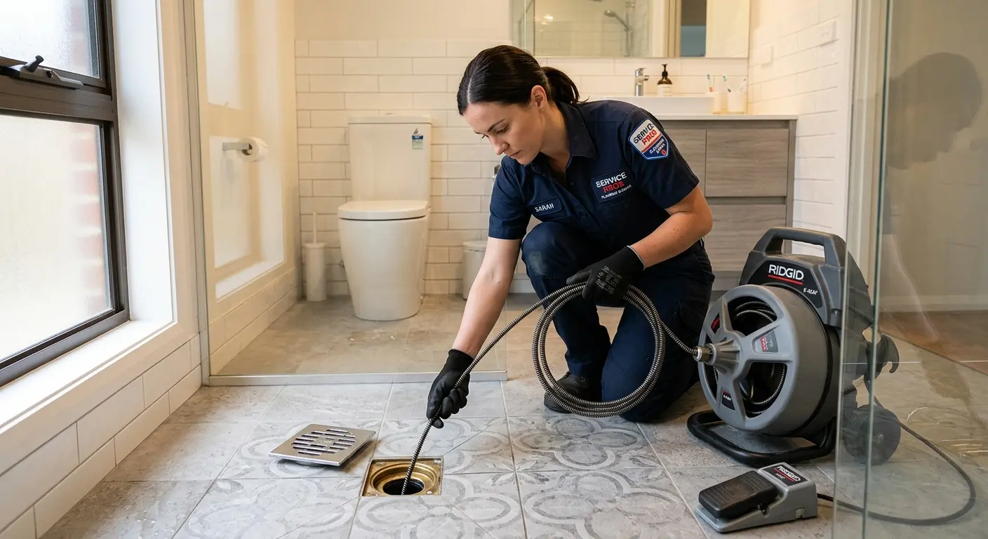 Technician clearing a bathroom floor drain for Sewer Line Installation in Norco